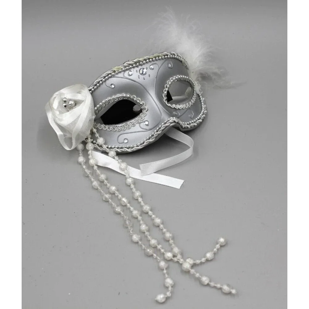 ORNAMENT Silver Crystal VENETIAN Masquerade Pearls Rhinestone Face Mask Ethereal
